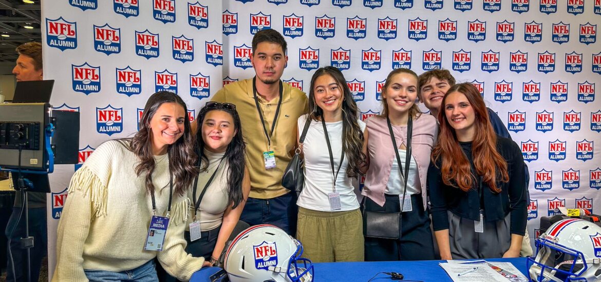 Rowan sports communication students at Super Bowl with NFL Alumni.