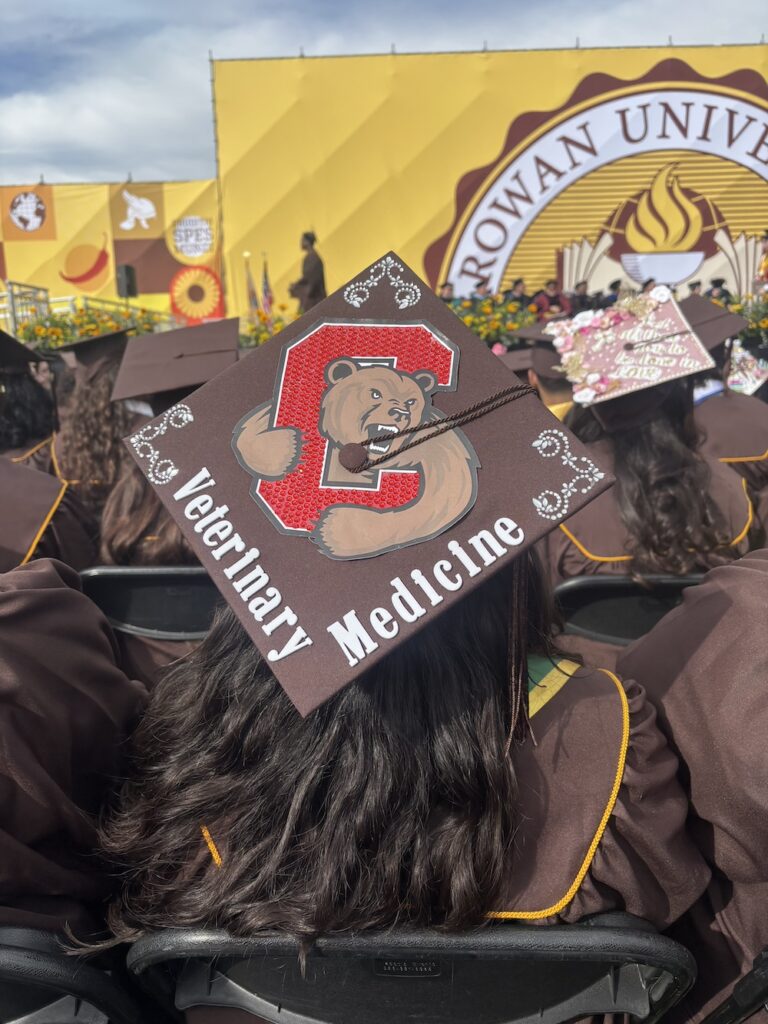 Rowan biological sciences graduate Kayla B. sits in the crowd at her commencement ceremony. The photo is taken from behind her, showing her personalized commencement cap and the Rowan University backdrop on stage in front of her.
