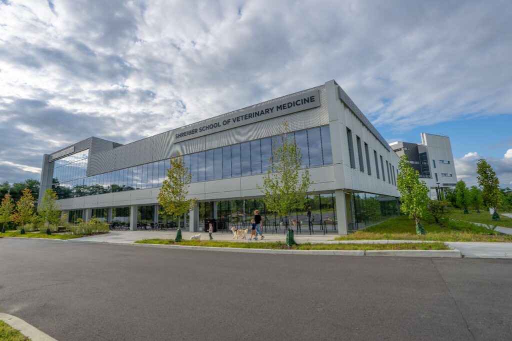 The 108,000-square-foot gray stone and glass veterinary school building, with a large sign that says Schreiber School of Veterinary Medicine.